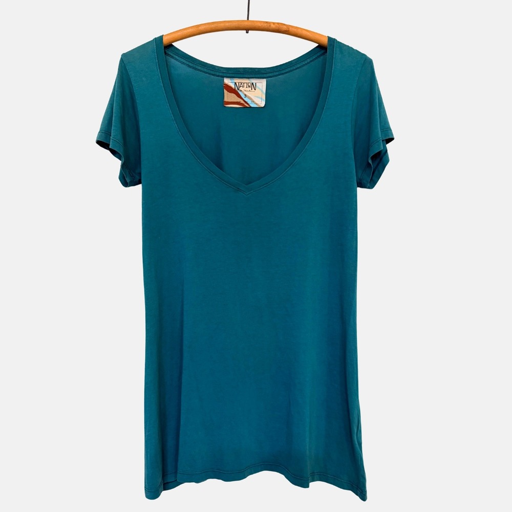 Nation LTD Blair Ultra Deep V Tee Teal Peacock Size M Supima Cotton Made USA Y2K